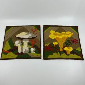 Vintage Mushroom Needlepoint Wool Art Pair Mid Century Home Cottagecore Fairy
